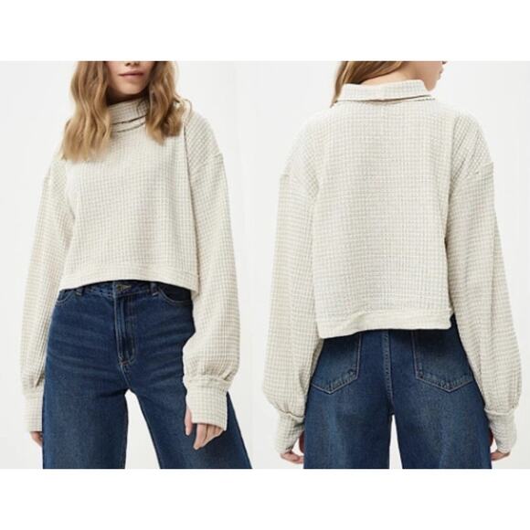 Free People BK Long Sleeve Turtleneck Waffle Knit Crop Thermal Top White Combo M - Picture 1 of 7